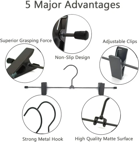 Miniatura 6 de Paquete de 30 perchas de alambre de metal negro y gris para pantalones, faldas y pantalones con clips, 13.8 pulgadas, resistentes y duraderas