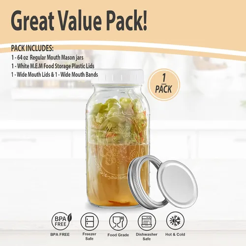 Miniatura 4 de Tarro Mason de boca ancha de 64 onzas – (1 paquete) – Tarro de boca ancha de 64 onzas de medio galón con tapa de plástico blanca M.E.M