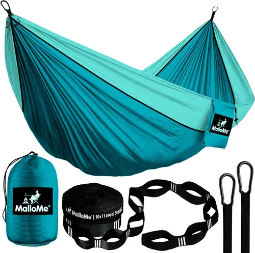 Hamaca MalloMe para una o dos personas, para camping, set de hamaca colgante con 3 correas para árbol, hecha de nailon, es ligera, capacidad para 2