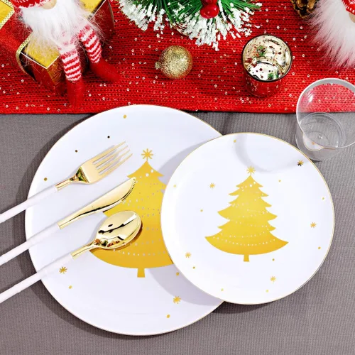 Miniatura 3 de WDF 50 Piezas Platos de Plástico Dorados - Platos de Plástico de Árbol de Navidad - Platos Desechables Pesados Blancos y Dorados para Navidad Oro