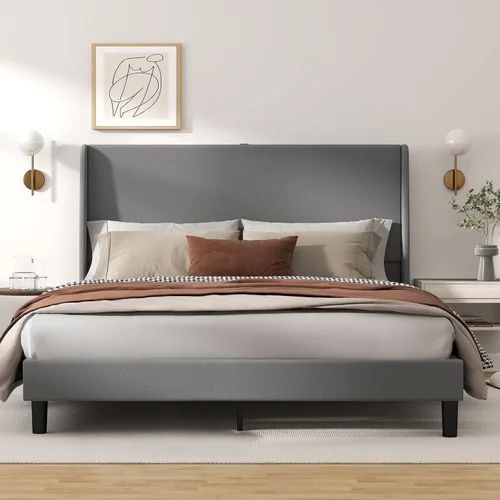 Miniatura 15 de GTPLAYER Base de cama de tamaño matrimonial, base de cama tapizada con cabecera alta con respaldo de alas, tela de terciopelo suave, no necesita
