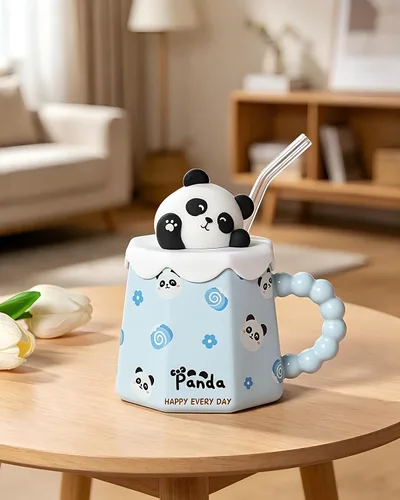 Miniatura 3 de Taza GawmFoiuy Mark con pajita, taza de cerámica con estampado de animales, 414 ml, tazas de café y té kawaii, tazas de animales divertidas, taza