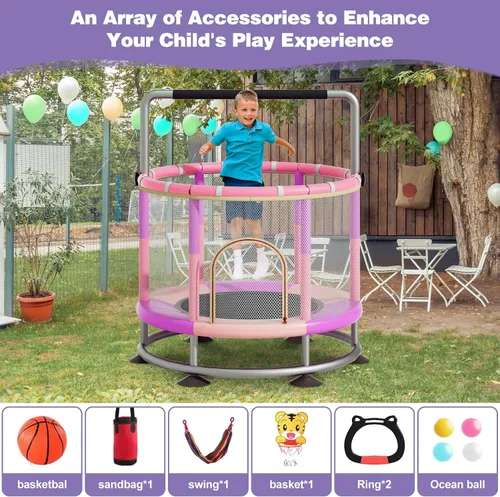 Miniatura 6 de Trampolín de 60 pulgadas para niños, trampolín para bebés y niños pequeños de fondo redondo antivuelco con aro de baloncesto, minitrampolín