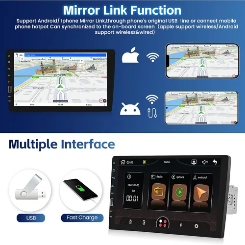 Miniatura 5 de Radio AM de 9 pulgadas de un solo DIN para automóvil con Carplay inalámbrico Android Auto, pantalla táctil IPS estéreo para automóvil con enlace