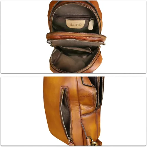 Miniatura 7 de LRTO Bolso de cuero genuino para hombres y mujeres, mochila bandolera de cuero real para el pecho, bolso cruzado, Marrón, Mochilas Sling