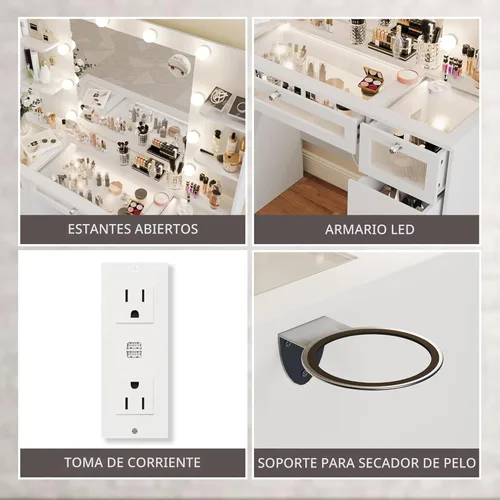 Miniatura 5 de Tocador blanco con espejo iluminado de 23.5 pulgadas, escritorio de tocador con parte superior de vidrio con 9 cajones y bombillas Hollywood de 3