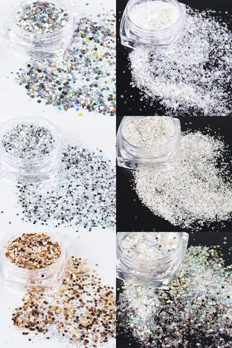 Miniatura 7 de Kits de arte de uñas holográficas, 6 cajas 3D con purpurina metálica brillante en copos acrílicos en polvo y lentejuelas para decoración holográfica