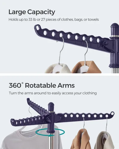 Miniatura 10 de SONGMICS ULLR510B01 - Estante de secado de ropa plegable de 59 pulgadas con 3 brazos giratorios para perchas, 4 patas, acero inoxidable, para 27