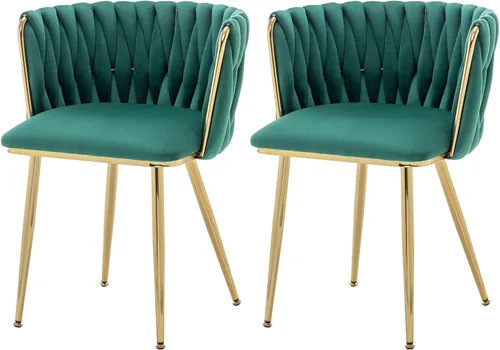 Miniatura 10 de ECHINGLE Juego de 2 sillas de comedor de terciopelo, modernas sillas de comedor tejidas tapizadas con patas de metal dorado, sillas decorativas