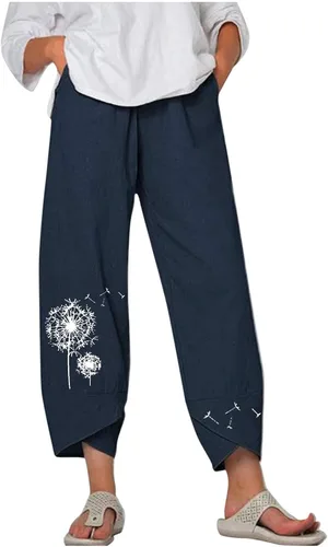 Miniatura 16 de Pantalones Capri de Lino de Algodón para Mujer 2025, Pantalones Palazzo Recortados Casuales con Estampado, Cintura Elástica, Pantalones Holgados