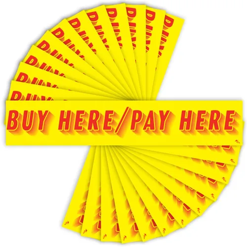Versa-Tags BHPH Buy Here Pay Here - Calcomanías para parabrisas, paquete de 12 calcomanías publicitarias para concesionarios Compra aquí Paga Aquí