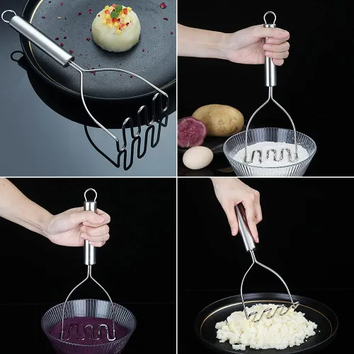 Miniatura 6 de Triturador de patatas, acero inoxidable resistente de metal con pulido de espejo, utensilio de triturador de alimentos, machacador de mano, puré