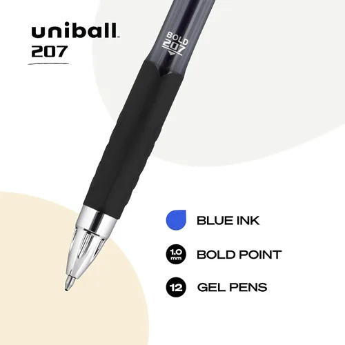 Miniatura 2 de Uni-Ball Signo 207, paquete de 12 bolígrafos de gel azules de 1.0mm con punta gruesa - resistente al agua, escritura suave, agarre cómodo, retráctil