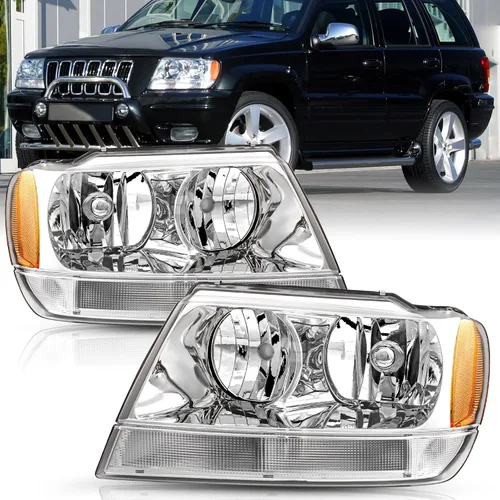 Miniatura 10 de TUSDAR Juego de faros halógenos para Jeep Grand Cherokee WJ 1999-2004 del lado del conductor y acompañante con carcasa cromada y reflector ámbar