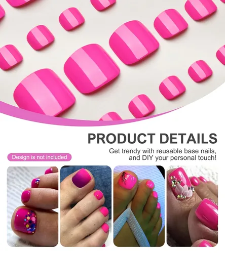 Miniatura 5 de Uñas postizas a presión para los dedos, color rosa intenso, color sólido, para verano, uñas postizas, kit de pedicura para mujeres, 28 piezas