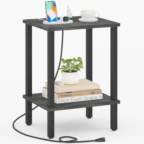 Miniatura 28 de TUTOTAK Mesa auxiliar con estación de carga, pequeña mesa auxiliar con tomas de corriente, mesita de noche, mesa de cabecera, estante de Gris beige