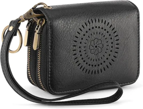 SENDEFN Tarjetero de cuero para tarjetas de crédito, cartera pequeña para mujer, bloqueo RFID, doble cremallera con ventana de identificación