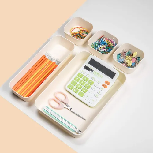 Miniatura 3 de Juego de 12 organizadores de cajones de escritorio de plástico de color beige para maquillaje, baño, oficina, cocina, cajón, caja de almacenamiento