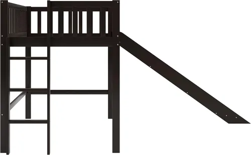 Miniatura 6 de Majnesvon Cama baja de tamaño individual con escalera y tobogán, muebles de dormitorio de madera con barandillas para niños, niñas, fácil de montar