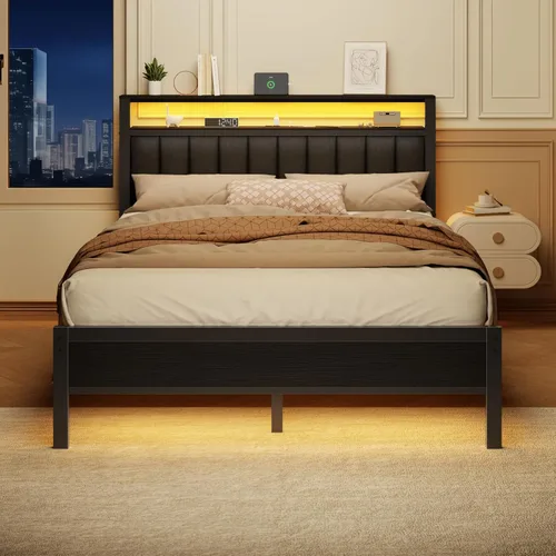 Miniatura 9 de Furnulem - Base de cama tamaño Queen con estación de carga y luces LED, cama de plataforma con listones de metal, cabecera tapizada gris con Roble