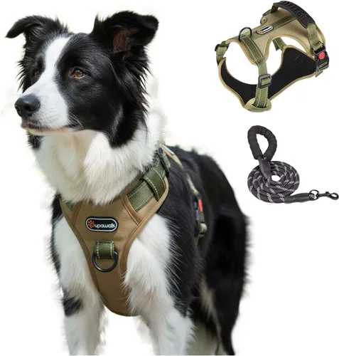Miniatura 12 de Arnés táctico para perro de tamaño M sin tirones, con asa y ribete reflectante, arnés ajustable para el pecho con clips de correa delantera y Caqui