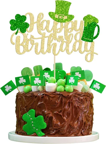 Gyufise 1 decoración para pastel del día de San Patricio, trébol verde con purpurina de cuatro hojas, decoración de pastel de cumpleaños, decoración