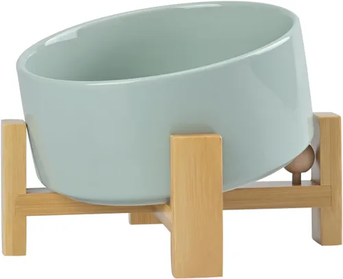 Miniatura 15 de SPUNKYJUNKY Cuenco de cerámica inclinado de 15° para perros y gatos con soporte de madera, cuenco inclinado para comida y agua para bulldog Blanco