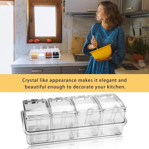 Miniatura 7 de Caja de condimentos transparente, 4 piezas de recipientes para especias con tapa y cuchara, recipientes de acrílico para condimentos con tapa
