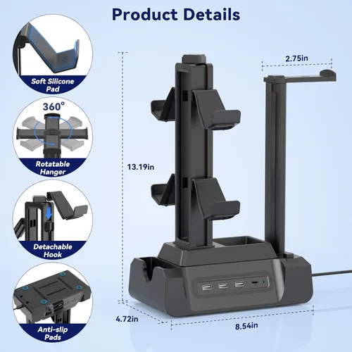 Miniatura 6 de KDD Estación de carga para múltiples dispositivos - Base de carga de 4 puertos con controlador y soporte para auriculares - 3 USB A y 1 USB C