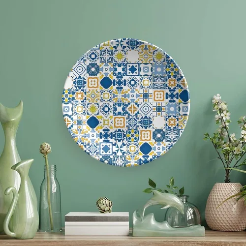Miniatura 5 de XISUNYA Plato decorativo de 6 pulgadas, porcelana redonda amarilla y azul, mosaico arabesco, adorno decorativo para decoración de cenas, fiestas