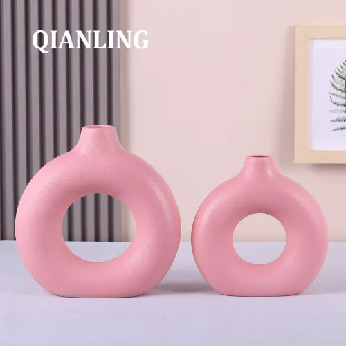 Miniatura 7 de Juego de 2 o 2 jarrones redondos de cerámica rosa, modernos jarrones rosados para centros de mesa, florero para decoración, se aplica a la sala