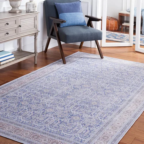 SAFAVIEH Washable Rug Tucson Collection - 6' x 9', Blue & Rust, Slip Resistant & Easy to Clean, Ideal for Living Room, Bedroom, Dining Space