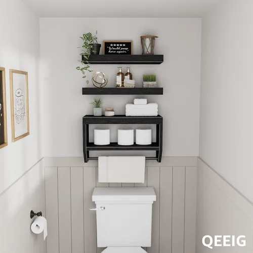 Miniatura 6 de Estantes flotantes de baño QEEIG para pared - Estante sobre inodoro para almacenamiento de papel higiénico estilo granja 40.6 cm, juego de 3, negro