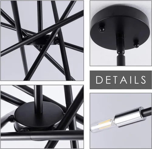 Miniatura 8 de VILUXY Candelabro Sputnik moderno con 6 luces negras lineales para techo, lámpara colgante de mediados de siglo para comedor, sala de estar, Negro