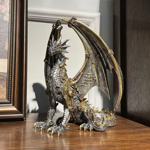 Miniatura 9 de Estatua de dragón steampunk gótica retro equipo mecánico sentado dragón de aspecto metálico, escultura de resina para el hogar, decoración de cuevas
