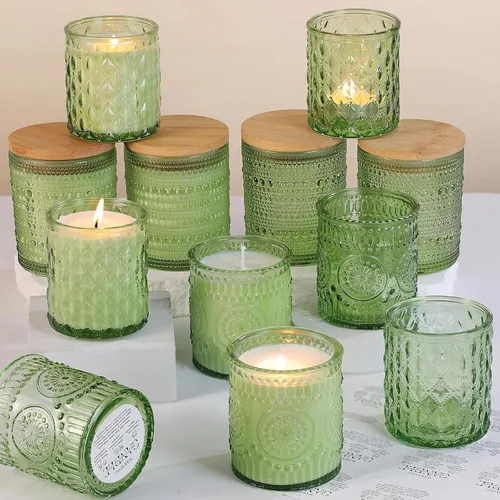 Miniatura 10 de DARJEN Paquete de 12 tarros de vela de ámbar para hacer velas - 3 estilos de tarros de vidrio para hacer velas a granel con tapas de bambú