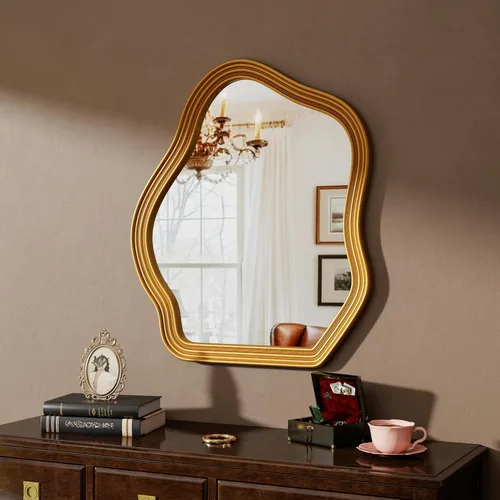 Miniatura 5 de SHYFOY Espejo de pared dorado antiguo, espejo decorativo asimétrico para decoración de pared, espejos ornamentados grandes irregulares para sala