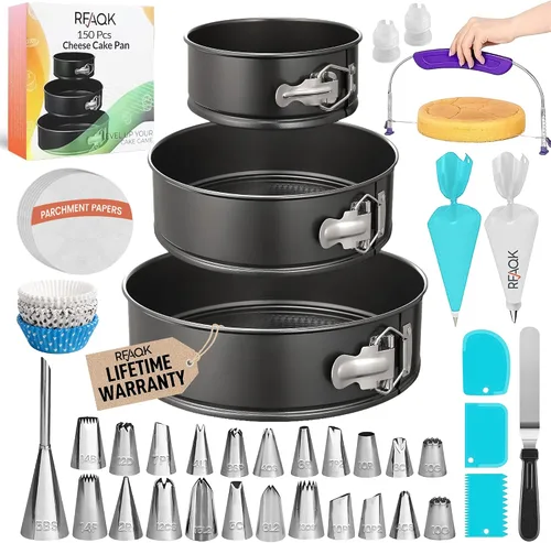 RFAQK Juego de 150 piezas de moldes para pasteles para hornear + suministros para decorar pasteles: Juego de 3 moldes redondos antiadherentes con