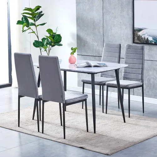 Miniatura 7 de Juego de 4 sillas de comedor modernas, juego de sillas de cocina de terciopelo gris tapizadas con marco de metal para apartamentos pequeños y comedor