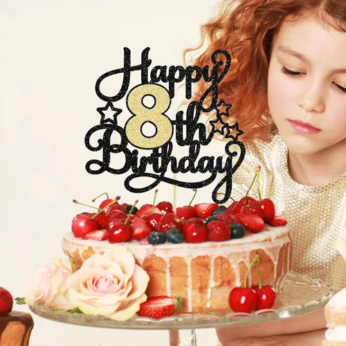 Miniatura 5 de 1 pieza de decoración de pastel de 8º cumpleaños con purpurina y saludos a 8 años, decoración de pastel de feliz cumpleaños para fiesta de 8 años