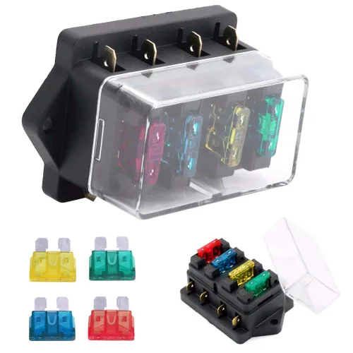 Caja de fusibles de hoja de 4 vías, bloque para automóvil, furgoneta, motocicleta, barco, caja de fusibles de metal universal para fusibles de hoja