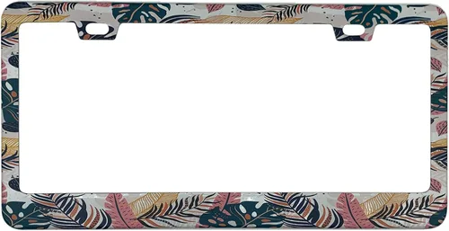 Marco de placa de matrícula con hojas de palma, color rosa y azul, estilo bohemio, con temática hawaiana tropical, de acero inoxidable con