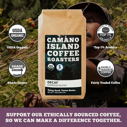 Miniatura 5 de Camano Island Coffee Roasters Mezcla de espresso descafeinado, grano entero de 12 onzas, tostado oscuro fresco de agua suiza procesada, orgánico