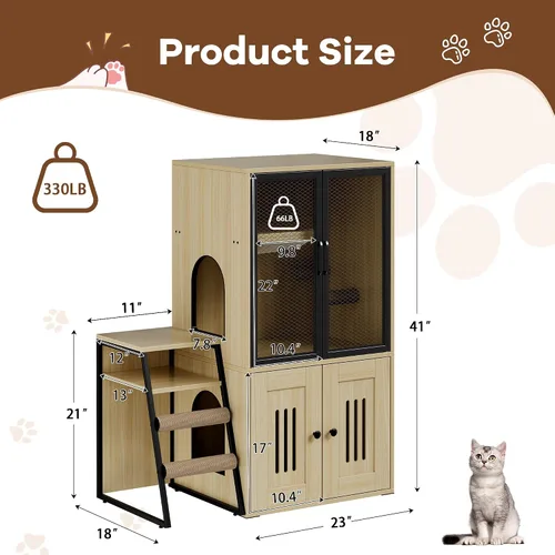 Miniatura 2 de Caja de arena para gatos para 2 gatos y puertas, casa doble para gatos con espacio de almacenamiento, casa de juegos para gatos con hamaca y puerta