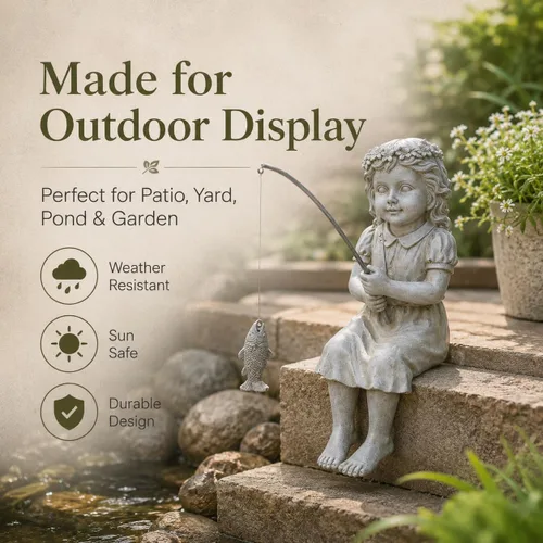 Miniatura 5 de Goodeco Estatua de jardín de Fishergirl – Pequeño pescador de 11 pulgadas para estanque Koi o cascadas, estatua junto a la piscina con guijarros que