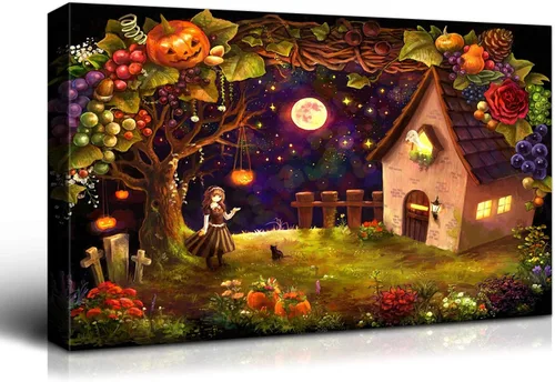 Miniatura 28 de Denozer - Pintura artística de pared de Halloween, impresión artística sobre lienzo para dormitorio, sala de estar, decoración de pared del hogar
