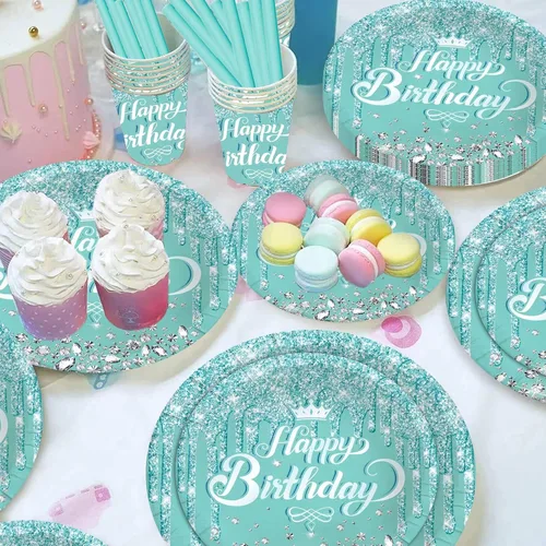 Miniatura 3 de Vajilla de fiesta verde azulado y plateado, paquete completo para cumpleaños, fiesta de baby shower, incluye platos, vasos, servilletas, pajitas