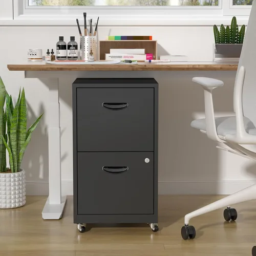 Miniatura 7 de Archivador móvil de 2 cajones con cerradura, archivadores de metal con ruedas, gabinete de almacenamiento enrollable negro, archivador vertical