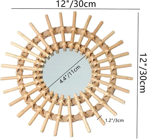 Miniatura 2 de OYPEIP Decoración de cristal colgante de ratán natural pequeño de 12 pulgadas, diseño rústico hecho a mano, innovador espejo de maquillaje redondo