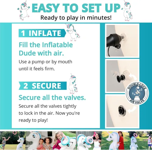 Miniatura 8 de INFLATABLE DUDES Juguete de unicornio de 47 pulgadas, saco de boxeo para niños, ya lleno de arena, bolsa de Bop, lanzamiento de anillos de unicornio